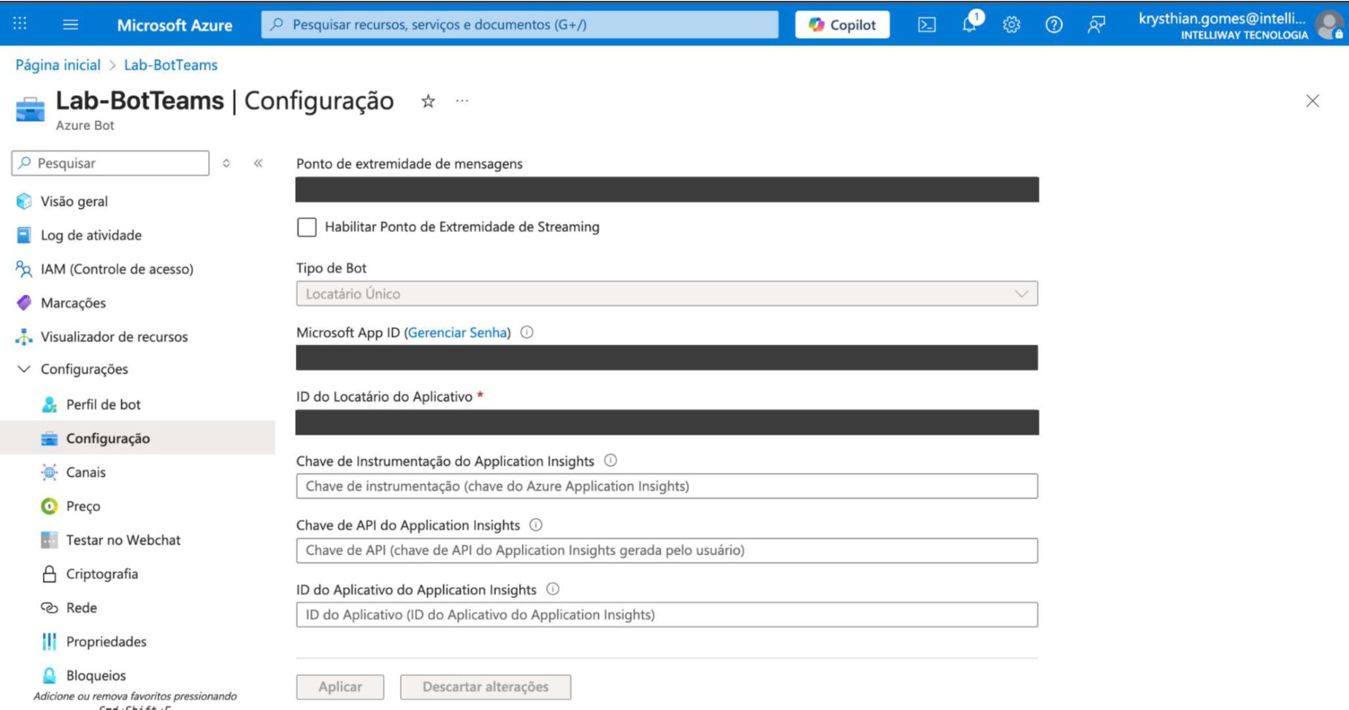 Tela de configuração do Bot