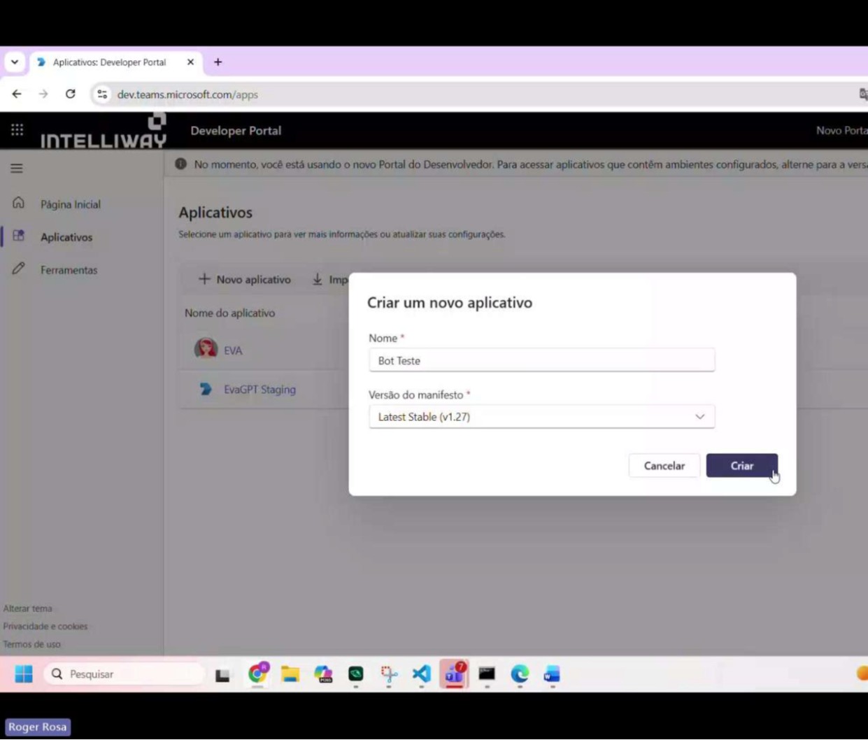 Tela criar novo app